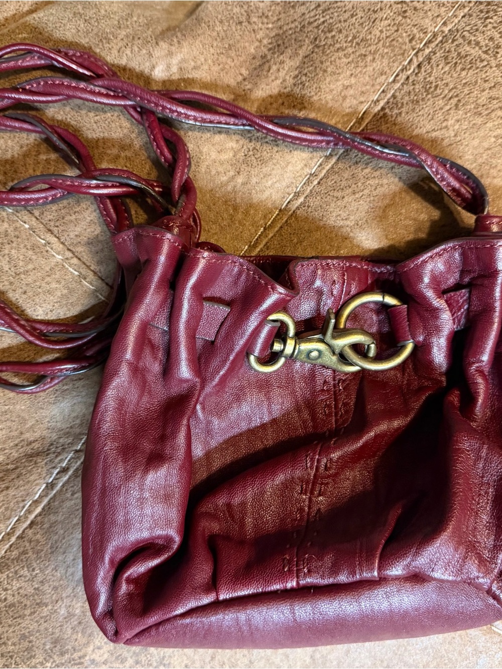 Adrienne Vittadini Burgundy Leather Drawstring Pouch Bucket Bag Braided Strap